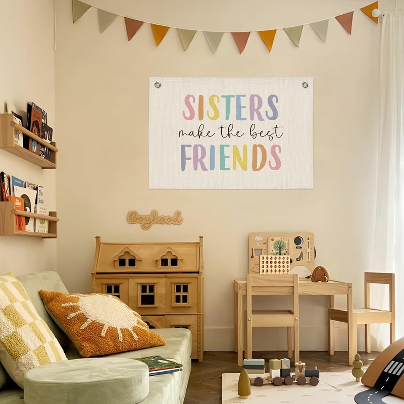 PLKMN Girls Room Decor, Sisters Make The Best Friends, Canvas Banner Wall Hanging Banner Flag Decor for Nursery Classroom Playroom Kids Room - Image 4